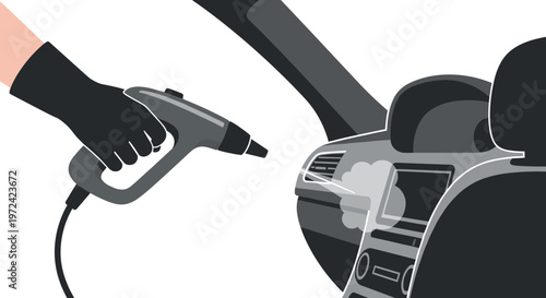A professional flat vector illustration showing a hand in a black glove using a high-pressure steam cleaning nozzle to sanitize a modern car dashboard.