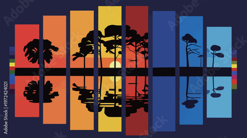 Colorful sunset over a lake with trees reflecting on the water surface at dusk