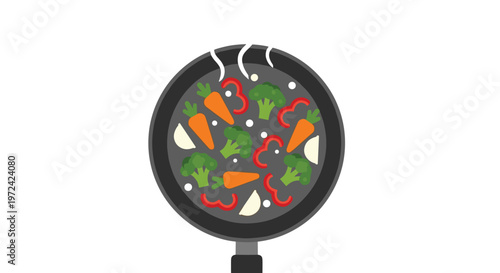 A vibrant top-down flat vector illustration of a black frying pan containing a healthy mix of sauted broccoli and carrots with rising steam wisps now.