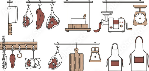 Butcher shop and meat processing equipment set with hanging cuts grinder scale knives and kitchen tools flat vector illustration collection