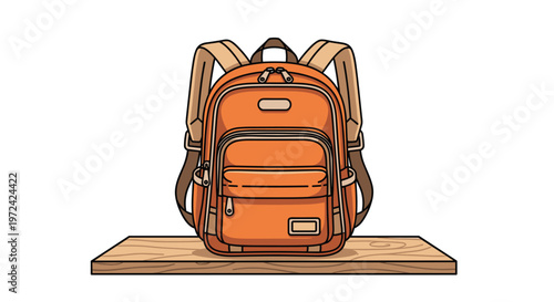 A vibrant orange and tan backpack rests neatly on a light-colored wooden shelf within a clean and minimalist white modern environment for a product display.