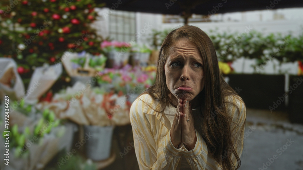 Fototapeta premium Woman with hands pressed in prayer gesture at flower stall street among bouquets and buckets; pleading hope.