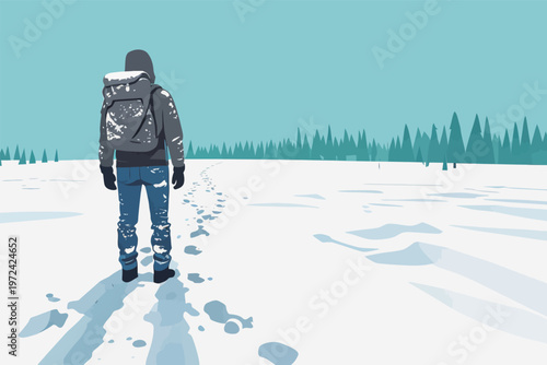 Person walks on a snow-covered path in a winter landscape near tall trees under a clear sky during daylight hours
