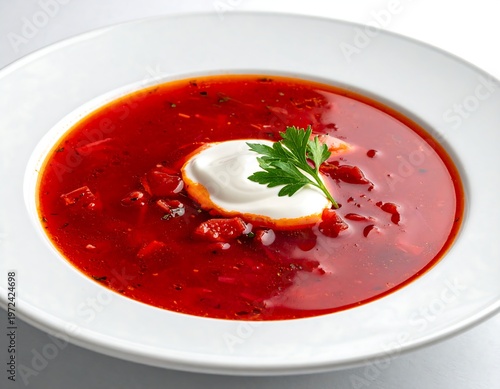 Delicious and Vibrant Beetroot Soup Garnished with Sour Cream and Parsley.
