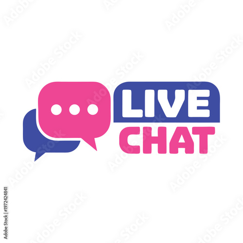 Pink speech bubble with three dots and blue live chat text on white background 1