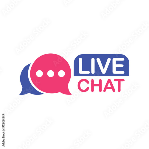 Pink speech bubble with three dots and blue live chat text on white background