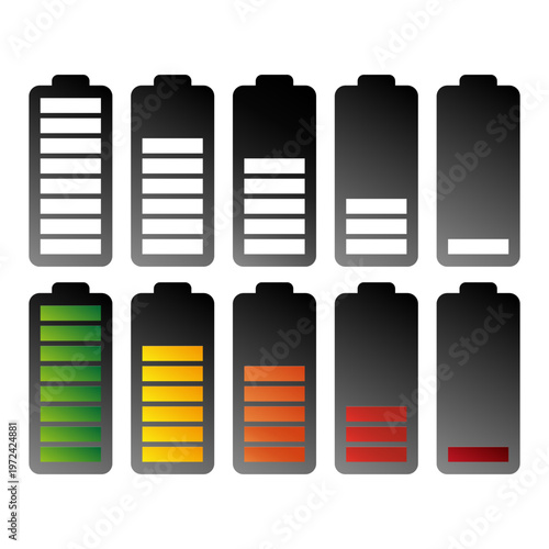 Battery levels set. Power status collection. Energy charge Vector. Cell capacity symbols. Manual vector only. No autotrace used