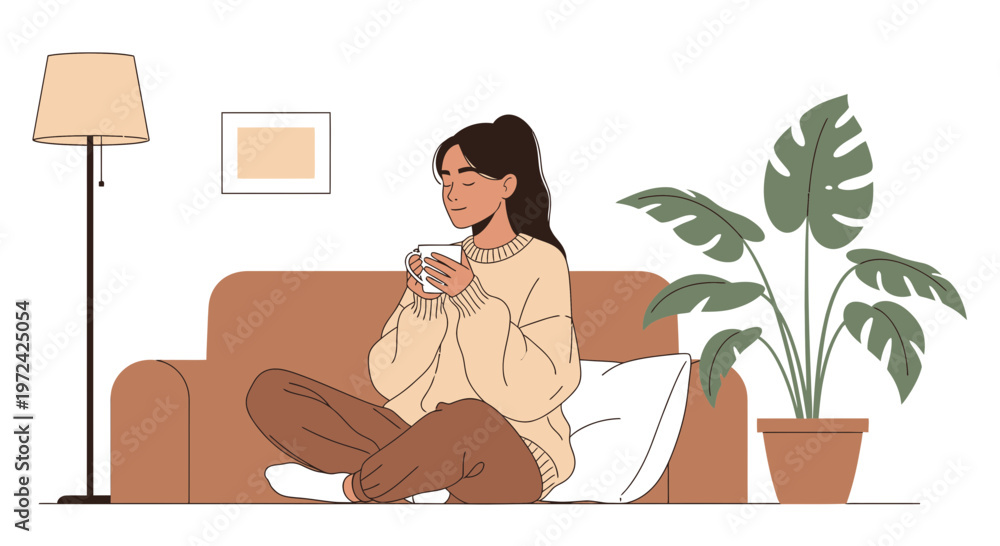 Fototapeta premium Cozy woman relaxing on sofa with hot drink, enjoying peaceful home atmosphere