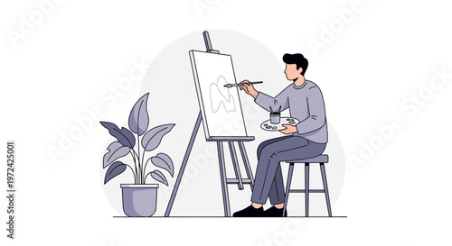 Artist painting on easel, creative hobby, indoor studio, artistic inspiration, modern flat illustration