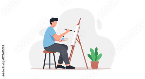 Artist painting on canvas at easel, creative hobby, indoor art studio, inspiration, focus