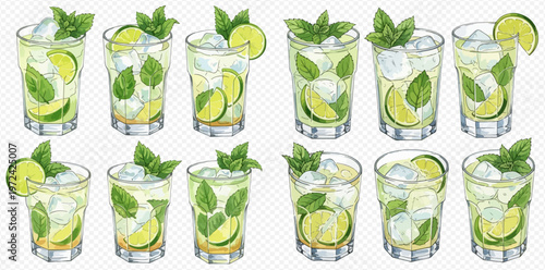 Set of refreshing mojito cocktails with mint, lime, and ice cubes, perfect for summer drinks.