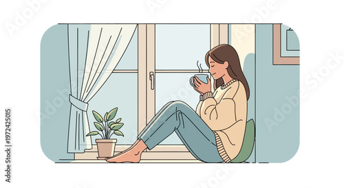 Cozy Woman Enjoying Hot Drink by Window, Peaceful Morning, Hygge Lifestyle