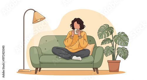Cozy woman relaxing on sofa with coffee, reading book, enjoying home comfort and hygge lifestyle