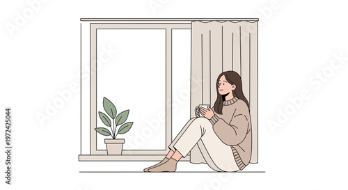 Cozy Woman Relaxing by Window with Coffee, Peaceful Morning, Indoor Serenity