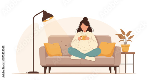 Cozy Woman Relaxing on Sofa with Hot Drink, Reading Book, Warm Light
