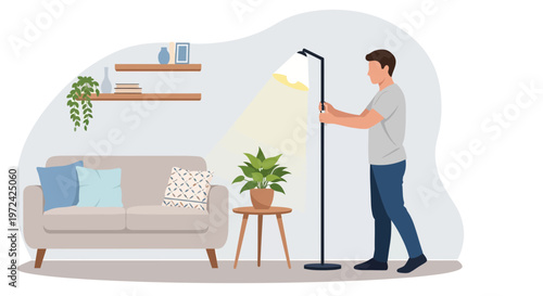 Man adjusting floor lamp in cozy living room with sofa and plants