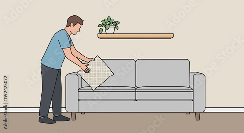 Man arranging cushion on sofa, home interior, cozy living room decor, lifestyle