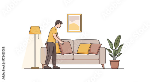 Man arranging cushions on a sofa in a living room with a lamp and plant