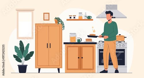 Man cooking breakfast in a modern kitchen, healthy lifestyle, home cooking