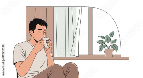 Man enjoying coffee by the window, peaceful morning at home, cozy atmosphere
