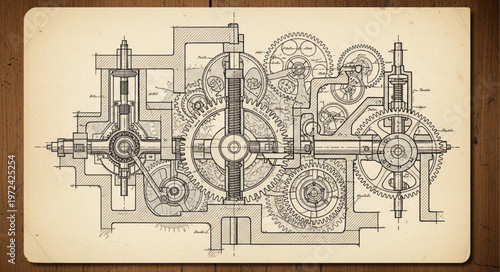 Intricate Mechanical Blueprint Drawing.
