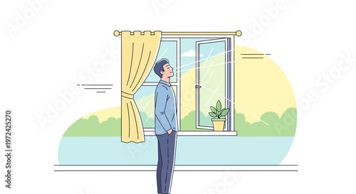 Man enjoying fresh air and sunlight through an open window, feeling refreshed and hopeful.