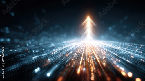 Glowing light streams converge into an upward pointing arrow