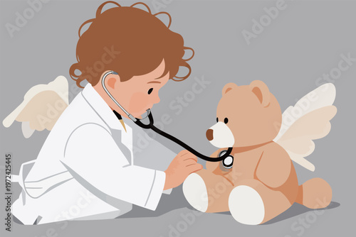 Child checks teddy bear's heart with stethoscope in playful doctor role at home