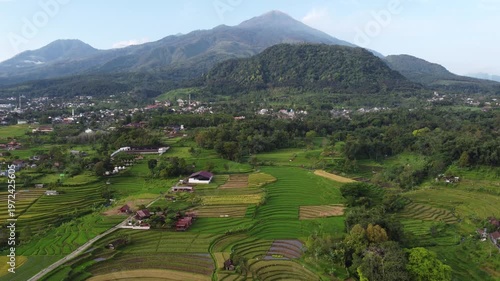 Aerial view of Mount Welirang with terraced rice fields, rural village settlement, and green valley landscape in East Java, Indonesia