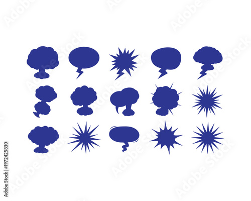 A collection of various blue comic book speech bubbles and explosion shapes on white background Vector