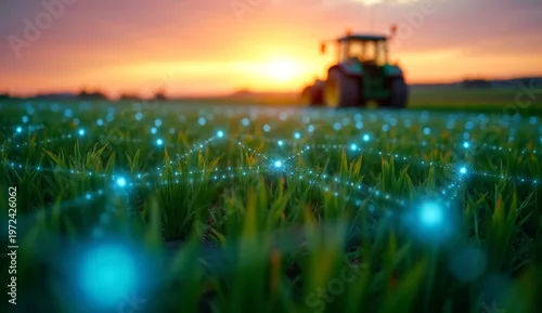 Fototapeta Green crop fields at sunset with glowing blue digital grid network representing smart farming and tractors in the background