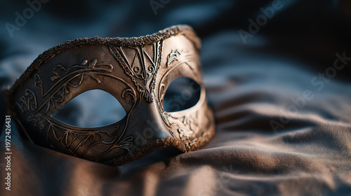 amrit. Ornate Venetian mask resting on dark velvet fabric, soft light highlighting its decorative details. event programs, museum guides, designed for cultural heritage projects and event programs.
