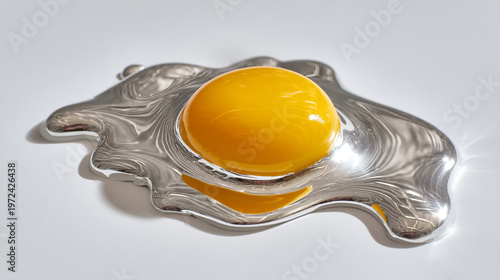 A bright yellow egg yolk in a silver-plated dish on a white surface