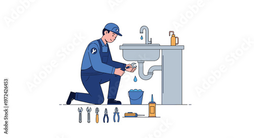 A professional plumber wearing a blue uniform and cap kneels on the floor while fixing a leaking sink pipe with a metal wrench in a bright white environment.