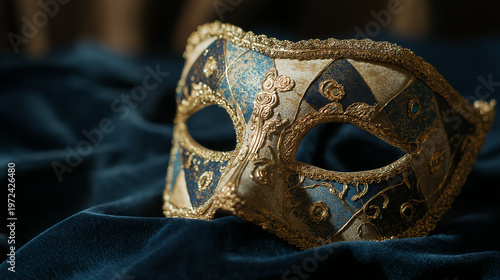 amrit. Ornate Venetian mask resting on dark velvet fabric, soft light highlighting its decorative details. event programs, museum guides, designed for cultural heritage projects and event programs.
