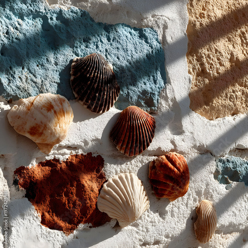 Seashells on Textured Painted Wall with Natural Sunlight Shadows