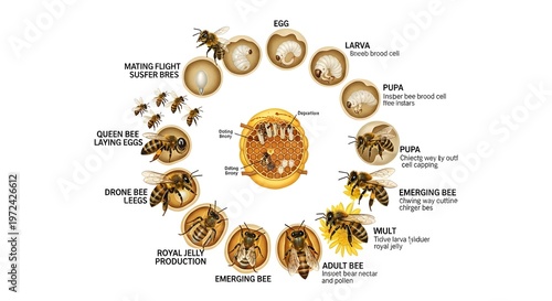 Comprehensive honey bee life cycle chart showing queen laying eggs, larva fed royal jelly, capped pupae, emerging workers, adult bees on comb and specialized roles such as drones and royal jelly produ