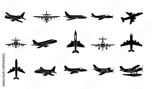A collection of black airplane silhouettes in various designs and poses