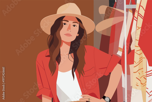 Woman stands in front of a wardrobe wearing a hat and a red shirt while looking directly at the viewer in a bright space