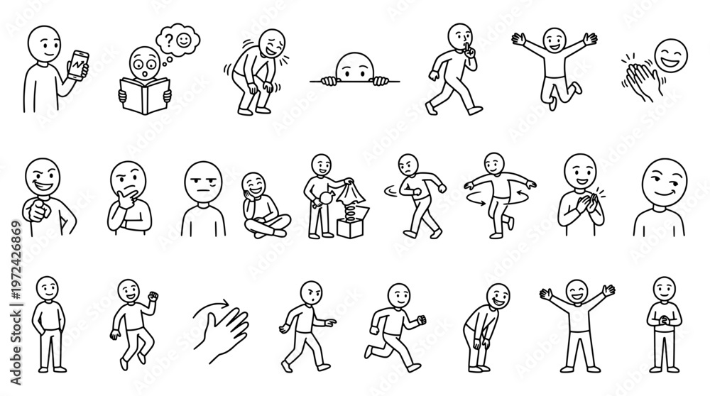 Obraz premium Cartoon stick figures in various poses depicting daily activities and emotions
