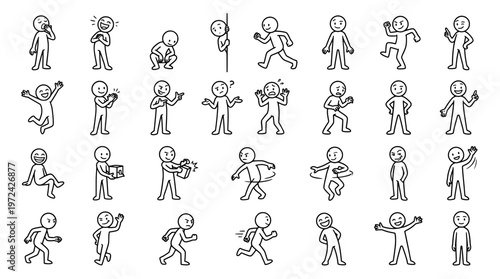 Cartoon stick figures in various poses expressing different emotions and actions