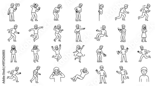 Collection of line art human figures representing diverse actions and emotions