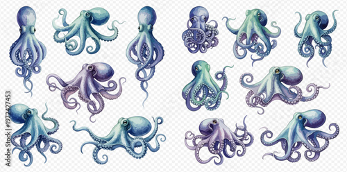 Set of watercolor octopuses with tentacles in various poses and colors isolated on transparent background.