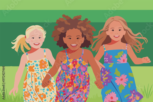 Three girls run together in a field wearing colorful dresses during a sunny day