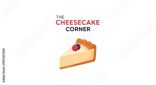 Slice of cheesecake with berries, logo "The Cheesecake Corner"