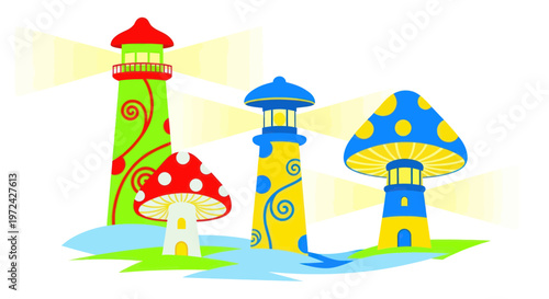 Whimsical Mushroom Lighthouses and Fairy Tale Scenery