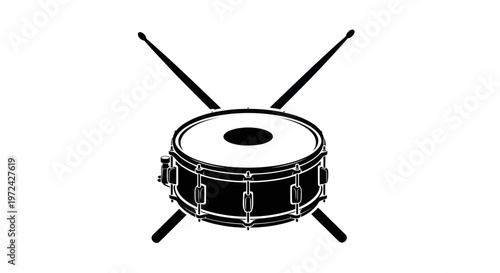Snare drum with crossed drumsticks, black and white graphic, isolated on white background.