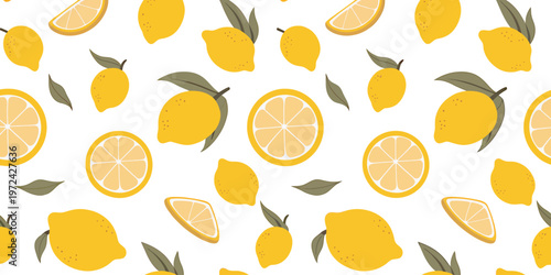 Yellow lemons and green leaves seamless pattern on white background.