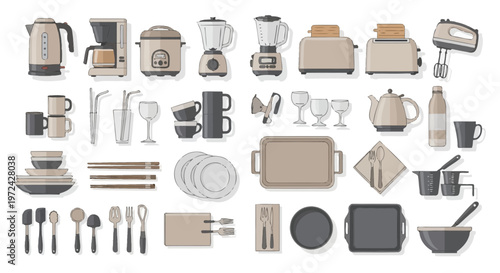 Collection of kitchen appliances and tableware arranged on white background