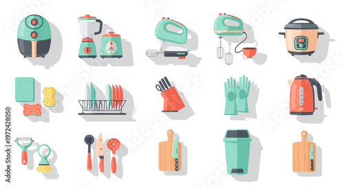 Collection of kitchen appliances and utensils flat vector illustration